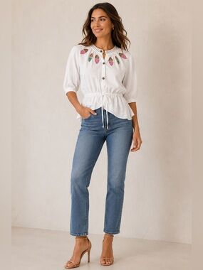 White Embroidered Peasant Blouse with Pink & Green Accents